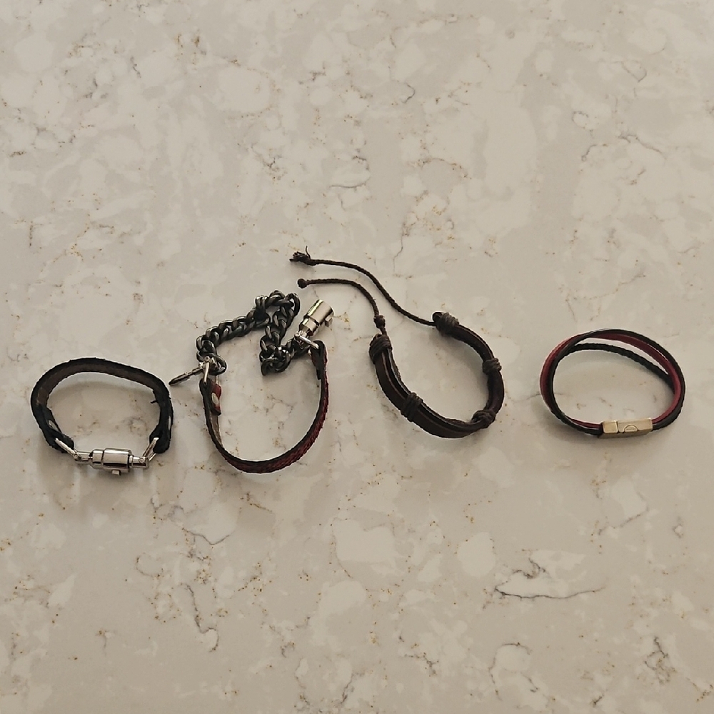 Set of Four Leather and Chain Bracelets
